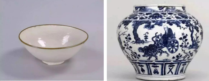 元代以后，青花瓷（右）逐漸取代了定瓷（左）